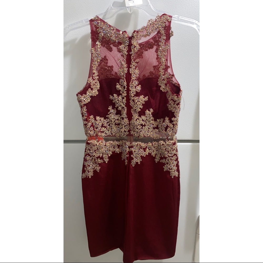 Promgirl Burgundy and gold embroidered dress